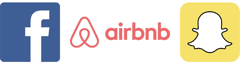 Logos de Facebook, Airbnb et Snapchat