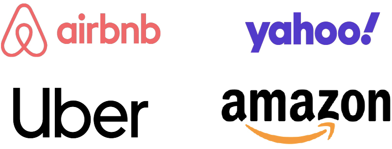 Logos de Airbnb, Yahoo, Uber et Amazon