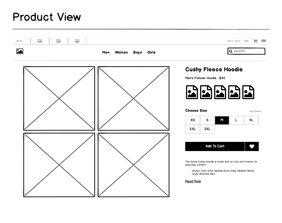 Exemple d'un wireframe d'une page produit