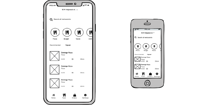 Wireframes op twee smartphones van verschillende grootte