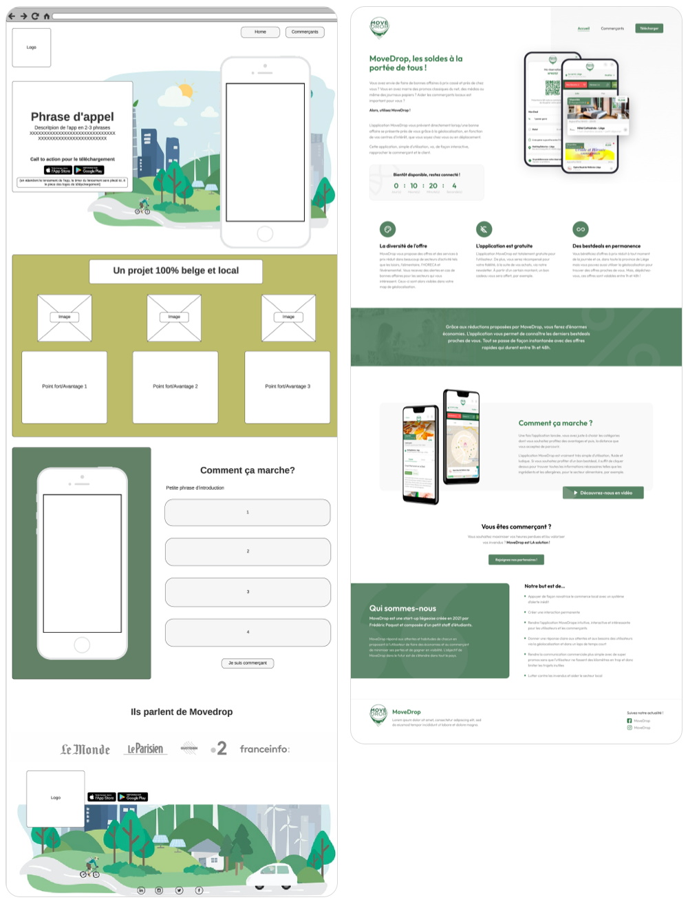 Comparaison entre le wireframe et le résultat final